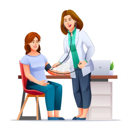 Illustration for Doctor measuring blood pressure to female patient. Healthcare medical examination concept. Vector cartoon illustration - Royalty Free Image