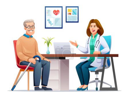 Illustration for Elderly patient having consultation with female doctor in hospital. Medical consultation in clinic. Vector cartoon character illustration - Royalty Free Image