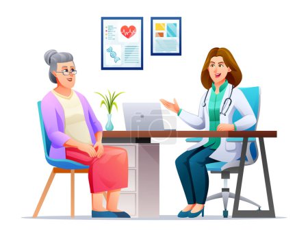 Illustration for Senior female patient at the doctor's appointment. Medical consultation concept. Vector cartoon character illustration - Royalty Free Image