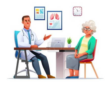 Illustration for Doctor talking to elderly female patient in hospital office. Medical consultation in clinic. Vector cartoon character illustration - Royalty Free Image
