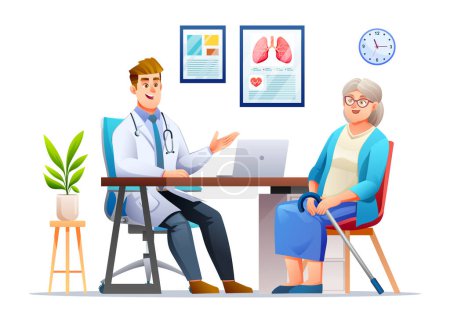 Illustration for Doctor talking to senior female patient in hospital office. Medical consultation concept. Vector cartoon character illustration - Royalty Free Image