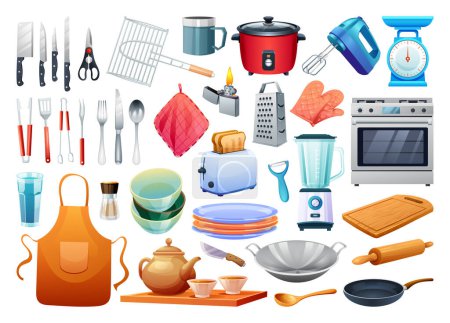 Ilustración de Set de utensilios de cocina. Herramientas de cocina, ilustración vectorial de la colección de utensilios de cocina aislada sobre fondo blanco - Imagen libre de derechos