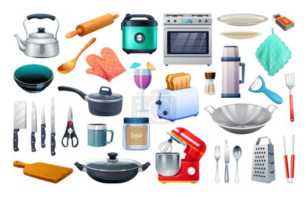 Illustration for Kitchenware set vector illustration. Kitchen tools, kitchen utensils collection isolated on white background - Royalty Free Image