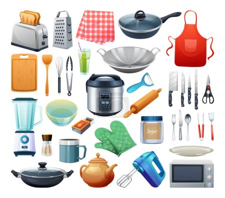 Ilustración de Set de utensilios de cocina. Colección de utensilios de cocina, herramientas de cocina ilustración vectorial aislado sobre fondo blanco - Imagen libre de derechos