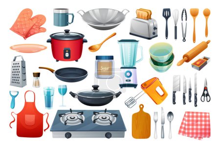 Illustration for Kitchenware set vector illustration. Kitchen utensils collection, kitchen appliances isolated on white background - Royalty Free Image