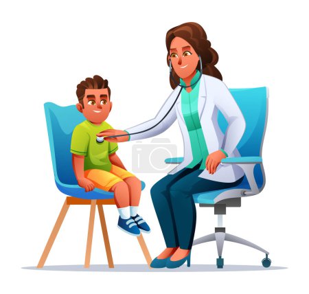 Illustration for Woman Pediatrician examines the chest of a little boy with a stethoscope. Vector cartoon character illustration - Royalty Free Image