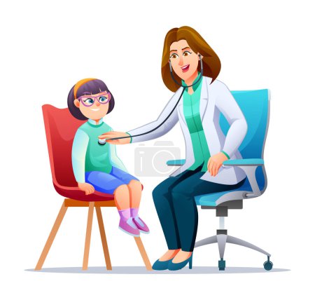 Ilustración de El pediatra examina el pecho de una niña con un estetoscopio. Ilustración de personajes de dibujos animados vectoriales - Imagen libre de derechos