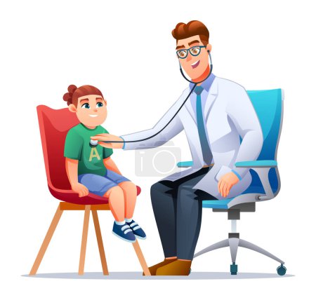 Illustration for Pediatrician examines the chest of a little boy with a stethoscope. Healthcare medical examination concept. Vector cartoon character illustration - Royalty Free Image