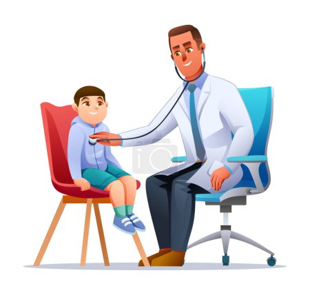 Illustration for Doctor examining a little boy with a stethoscope in pediatrician's office. Vector cartoon character illustration - Royalty Free Image