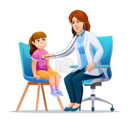 Ilustración de Una doctora examinando a una niña por estetoscopio. Ilustración de personajes de dibujos animados vectoriales - Imagen libre de derechos