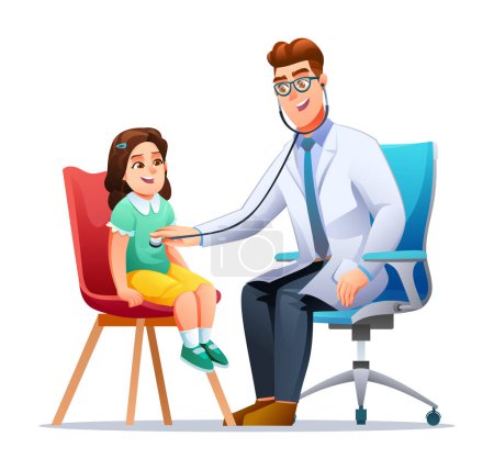 Téléchargez les illustrations : Docteur examinant une petite fille avec un stéthoscope dans le bureau du pédiatre. Illustration vectorielle de personnage de dessin animé - en licence libre de droit