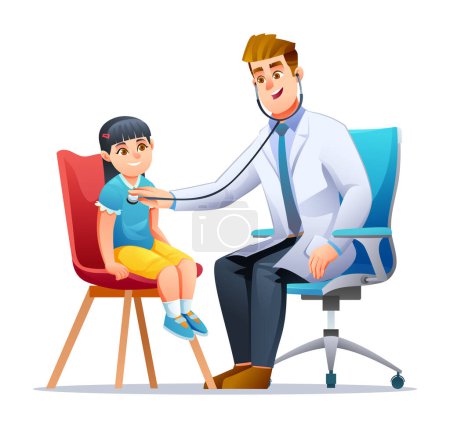 Illustration for Doctor examining a little girl by stethoscope. Healthcare medical examination concept. Vector cartoon character illustration - Royalty Free Image