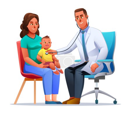 Illustration for Doctor examining a little boy who sits on her mother's lap by stethoscope. Vector cartoon character illustration - Royalty Free Image