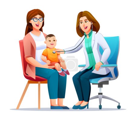 Illustration for Woman doctor examining a little boy who sits on her mother's lap by stethoscope. Vector cartoon character illustration - Royalty Free Image