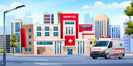 Hospital building with ambulance car. Medical concept background landscape illustration