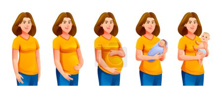 Ilustración de Etapas del embarazo. Mujer embarazada y bebé recién nacido. Cambios en el cuerpo femenino durante el embarazo. Ilustración vectorial - Imagen libre de derechos