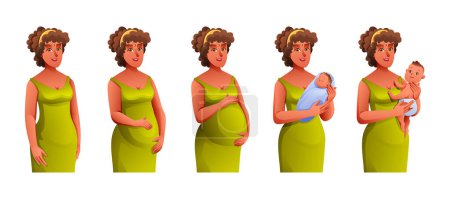 Illustration for Pregnancy stages. Changes in female body during pregnancy. Pregnant woman and newborn baby. Vector illustration - Royalty Free Image
