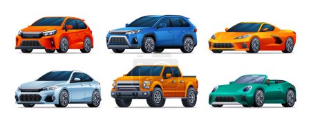 Ilustración de Conjunto de coches de diferentes tipos. Hatchback, camioneta, sedán, camioneta, convertible. Ilustración vectorial - Imagen libre de derechos