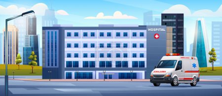 Téléchargez les illustrations : Bâtiment de l'hôpital public avec ambulance voiture d'urgence. Clinique médicale avec illustration de paysage de fond de ville - en licence libre de droit