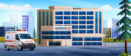 Illustration for Hospital building with ambulance emergency car. Medical clinic with city background landscape illustration - Royalty Free Image