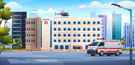 Illustration for Hospital building with ambulance car and medical helicopter. Medical clinic concept design background landscape illustration - Royalty Free Image