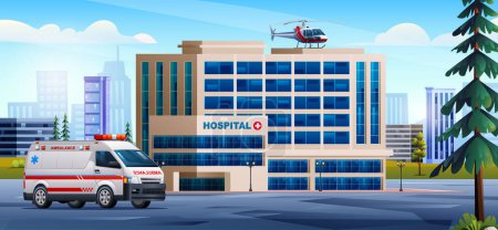 Illustration for Hospital building with ambulance car and medical helicopter. Medical clinic design background landscape illustration - Royalty Free Image