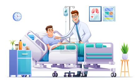Illustration for Doctor examining a sick man lying on hospital bed by stethoscope. Patient hospitalization concept. Vector cartoon illustration - Royalty Free Image