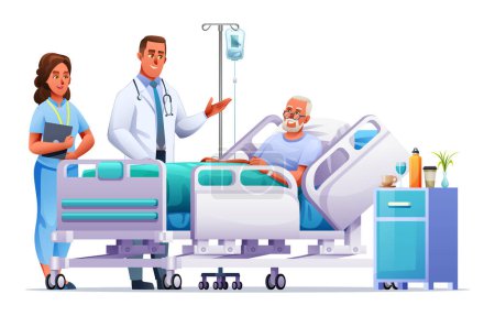 Illustration for Doctor and nurse visit a senior man lying on hospital bed. Healthcare medical concept. Vector cartoon illustration - Royalty Free Image
