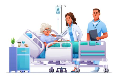 Illustration for Doctor and nurse visit a senior woman lying on hospital bed. Healthcare medical concept. Vector cartoon illustration - Royalty Free Image