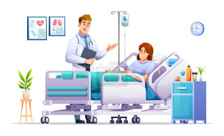 Illustration for Doctor visits a sick woman lying on hospital bed. Patient hospitalization concept. Vector cartoon illustration - Royalty Free Image