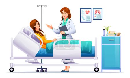 Illustration for Woman doctor visits a patient lying on hospital bed. Patient hospitalization concept. Vector cartoon illustration - Royalty Free Image