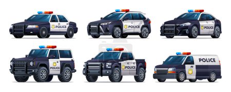 Téléchargez les illustrations : Ensemble de voitures de police de différents types. Véhicule officiel de patrouille, berline, 4x4, pick-up, van. Illustration vectorielle - en licence libre de droit