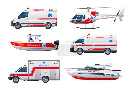 Illustration for Set of ambulance emergency vehicles. Official emergency service vehicles side view vector illustration - Royalty Free Image