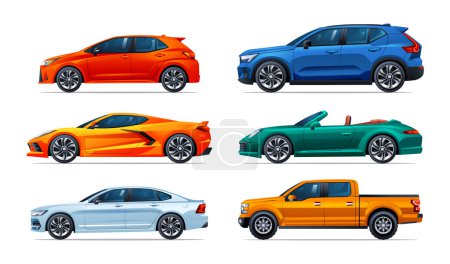 Ilustración de Conjunto de coches de diferentes tipos. Hatchback, camioneta, sedán, descapotable, camioneta. Vista lateral coche vector ilustración - Imagen libre de derechos
