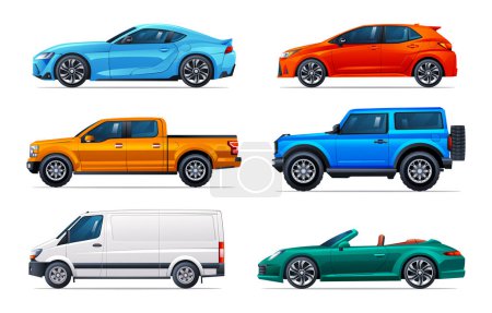 Ilustración de Conjunto de coches de diferentes tipos. Sedán, hatchback, sedán, camioneta, 4x4, convertible, furgoneta. Vista lateral vector ilustración - Imagen libre de derechos