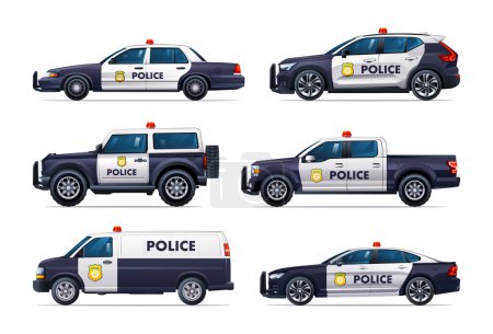 Téléchargez les illustrations : Ensemble de voitures de police de différents types. Collecte officielle de véhicules de patrouille. Illustration vectorielle de voiture vue latérale - en licence libre de droit