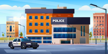 Illustration for Police station building with patrol car on cityscape background. Police department office and city landscape vector illustration - Royalty Free Image