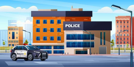 Illustration for Police station building with patrol car on cityscape background. Police department office. City landscape vector cartoon illustration - Royalty Free Image