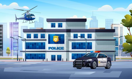 Illustration for Police station building with patrol car and helicopter in city landscape. Police department office. Cityscape background vector cartoon illustration - Royalty Free Image