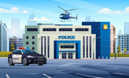 Illustration for Police station building with patrol car and helicopter on cityscape background. Police department office. City landscape vector cartoon illustration - Royalty Free Image