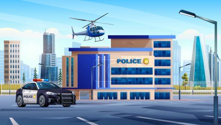 Ilustración de Edificio de la estación de policía con patrulla y helicóptero en el paisaje de la ciudad. Oficina del departamento de policía en paisaje urbano fondo vector ilustración de dibujos animados - Imagen libre de derechos