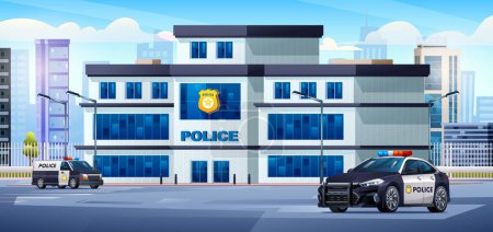 Illustration for Police station building with patrol cars and city landscape. Police department office. Cityscape background cartoon illustration - Royalty Free Image