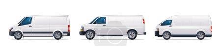 Illustration for Set of van cars in different types. Cargo van collection side view vector illustration - Royalty Free Image