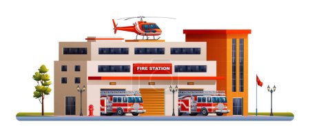 Illustration for Fire station building with fire trucks and helicopter. Fire department office with fire vehicles vector cartoon illustration - Royalty Free Image