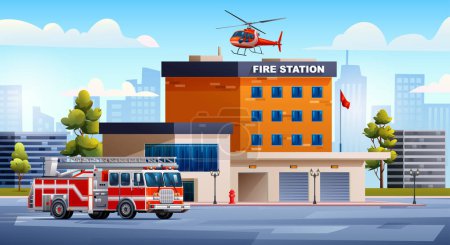 Illustration for Fire station building with fire truck and helicopter on cityscape background. Fire department. City landscape vector cartoon illustration - Royalty Free Image