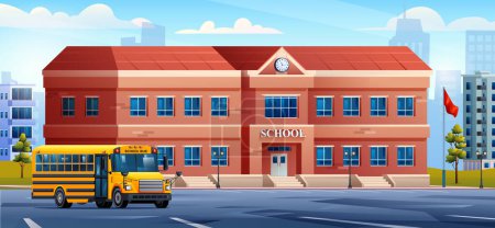 Téléchargez les illustrations : Bâtiment scolaire avec autobus scolaire sur fond de paysage urbain. Illustration vectorielle de dessin animé - en licence libre de droit