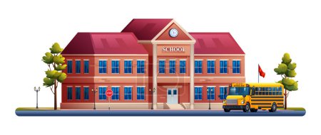 Ilustración de Edificio escolar con ilustración de dibujos animados de vector de autobús escolar amarillo aislado sobre fondo blanco - Imagen libre de derechos