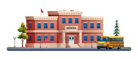 Ilustración de Edificio escolar con ilustración de dibujos animados de vector de autobús escolar aislado sobre fondo blanco - Imagen libre de derechos