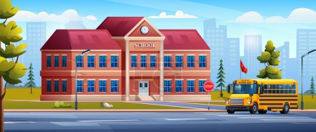 Ilustración de Edificio escolar con autobús escolar amarillo en ilustración de dibujos animados de vector de fondo de paisaje urbano - Imagen libre de derechos