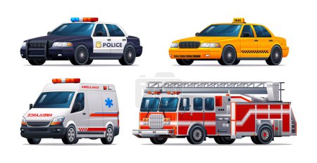 Téléchargez les illustrations : Ensemble de véhicules d'urgence. Voiture de police, taxi, ambulance et camion d'incendie. Illustration vectorielle officielle des véhicules des services d'urgence - en licence libre de droit